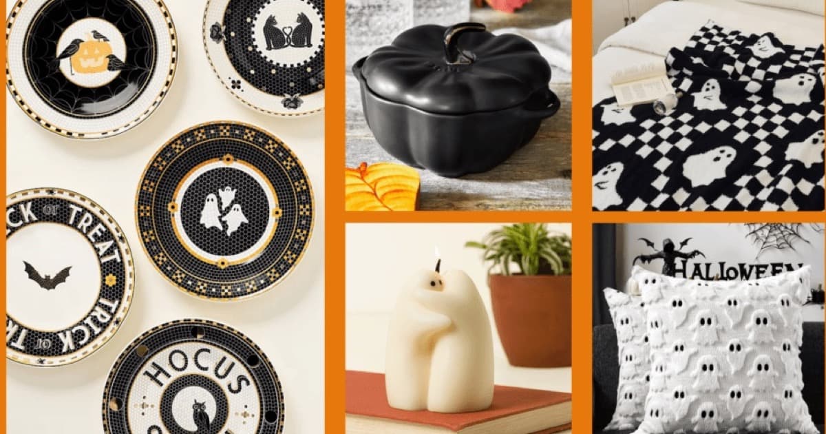 A collage of Halloween decor items: mosaic-tile ghost plates, a black pumpkin cocotte, a checkered ghost throw blanket, a ghost-shaped candle, and ghost throw pillows