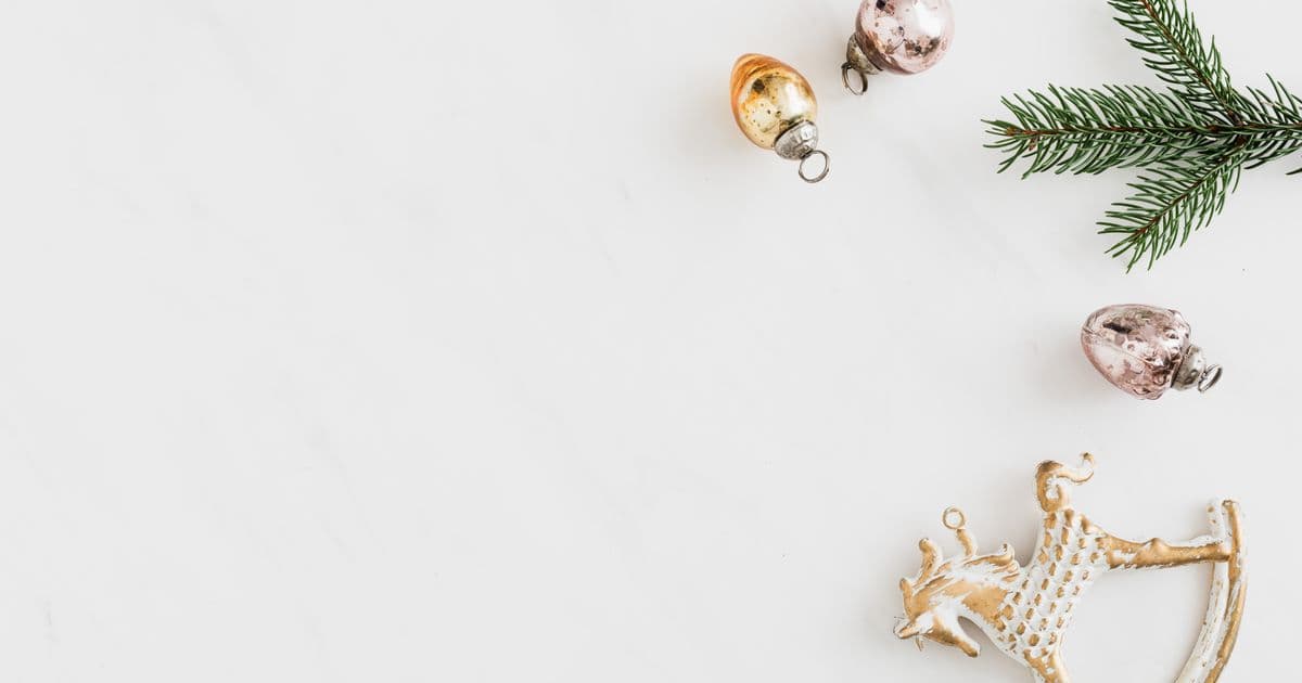 Christmas flat lay with a pine branch and ornaments on a plain studio background