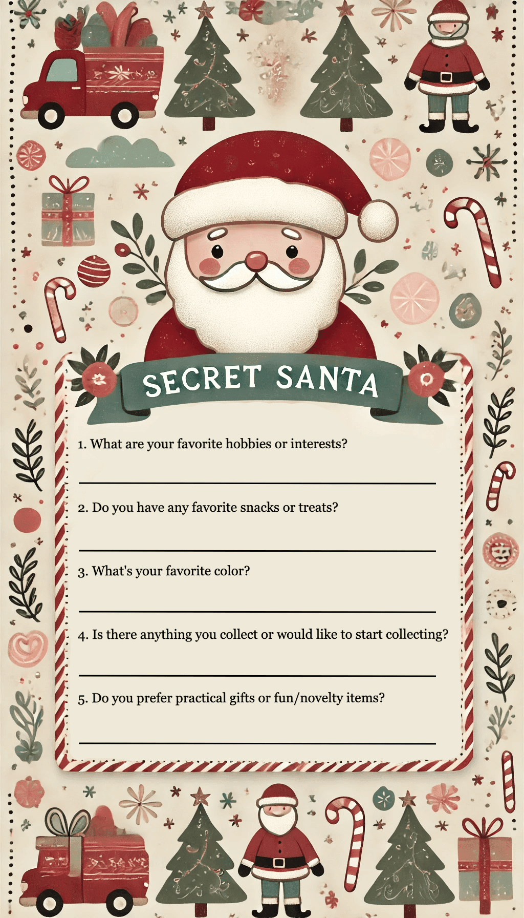 Secret Santa questionnaire questions on a notepad