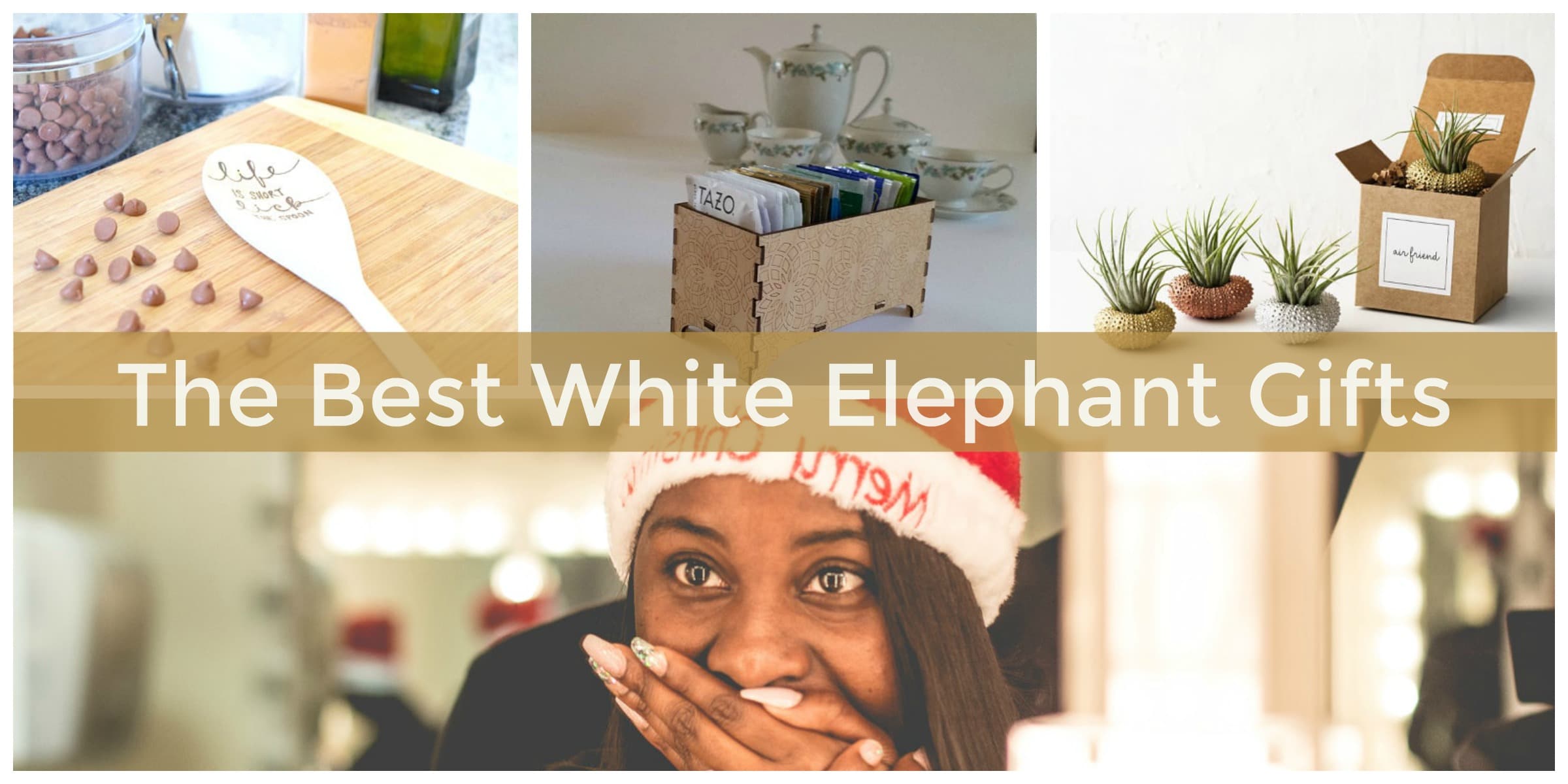 Colorful wrapped White Elephant gifts arranged under a Christmas tree